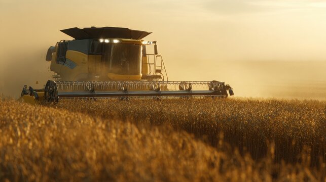 powerful modern combine harvester harvesting golden wheat, close three quarter view, detailed cutting header working through dense wheat, warm