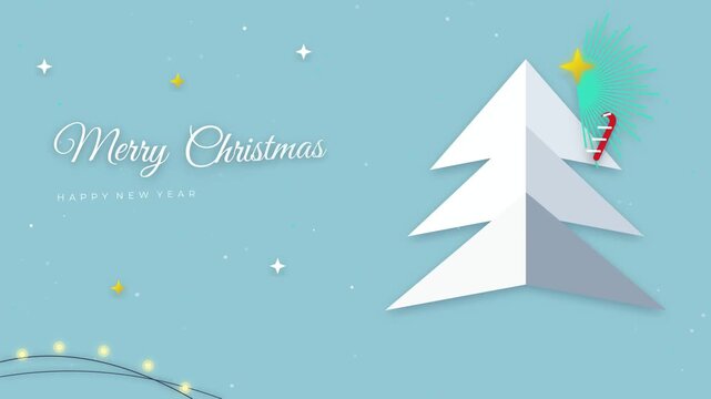 Seamless Pattern of Minimalist White Paper Christmas Trees with Festive Decorations on Light Blue Background