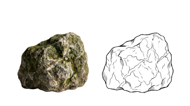 Natural mossy rock and outline sketch, realistic stone boulder with green moss, hand drawn rock illustration on white background