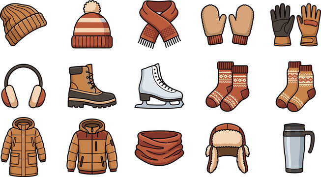 Winter seasonal clothing and warm accessories set with knit beanie hats scarf mittens gloves boots ice skate socks down jackets vector illustration