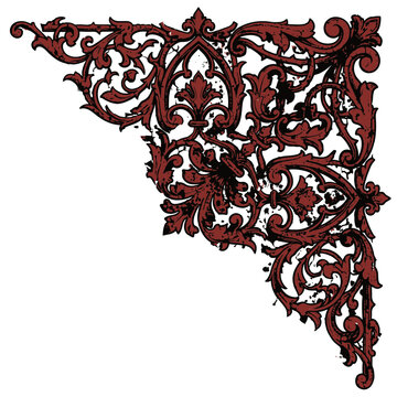 dark red vintage floral corner ornament with ornate scrollwork and distressed details on a white background