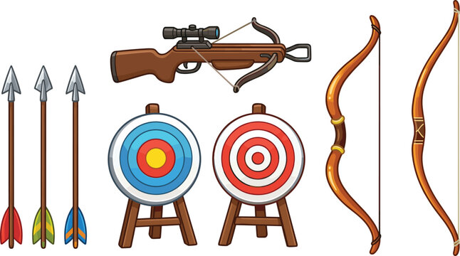 Archery and shooting sports equipment set with crossbow, wooden bows, arrows and target boards cartoon vector illustration