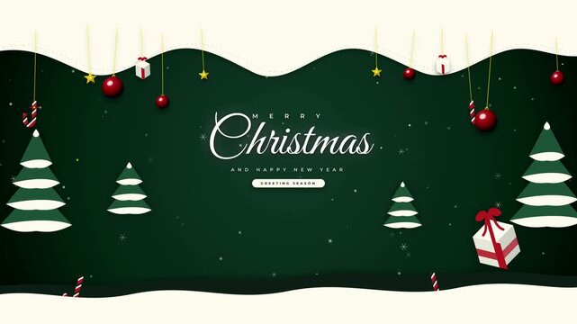 Merry Christmas and Happy New Year seamless background pattern with festive ornaments and pine trees