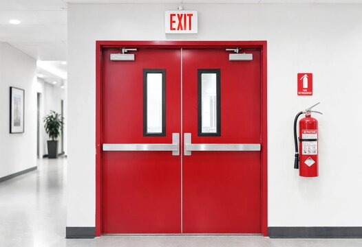 Modern red emergency exit doors with illuminated signage and fire extinguisher in a clean hallway, representing building safety, evacuation, protection, preparedness, and security.