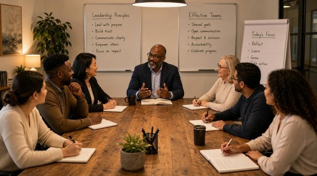 Diverse group of business professionals seated around a wooden meeting table with a coach leading a leadership and effective teams workshop, taking notes, whiteboard and flipchart in the background