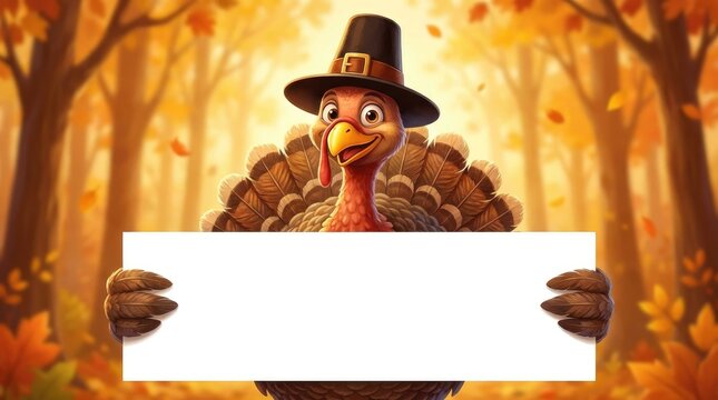 A cute cartoon turkey wearing a pilgrim hat holding a blank white sign in a beautiful autumn forest background