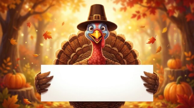 A festive thanksgiving turkey wearing a pilgrim hat holding a blank white sign in a beautiful autumn forest background
