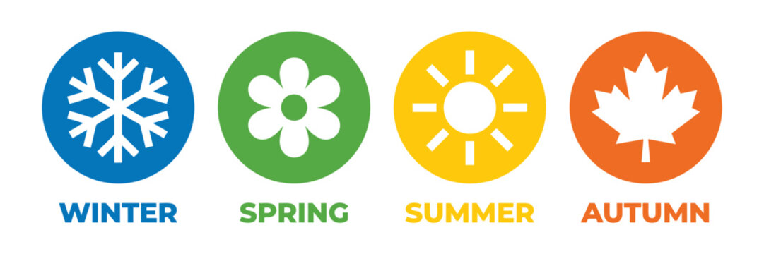 Winter spring summer autumn icon set. Colorful seasonal symbols featuring snowflake, floral blossom, sunshine, and falling leaf designs for calendar, weather, nature, and climate themes.