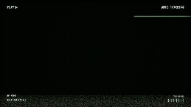 Vintage retro VHS overlay screen featuring green glitch distortion effects, VCR tape noise, play indicator, tracking error messages, and timecode for nostalgic 80s 90s video editing projects.