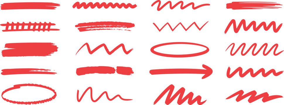 Hand drawn underline and scribble icons featuring doodle brush strokes, correction marks, highlighter swatches, and freehand marker textures.