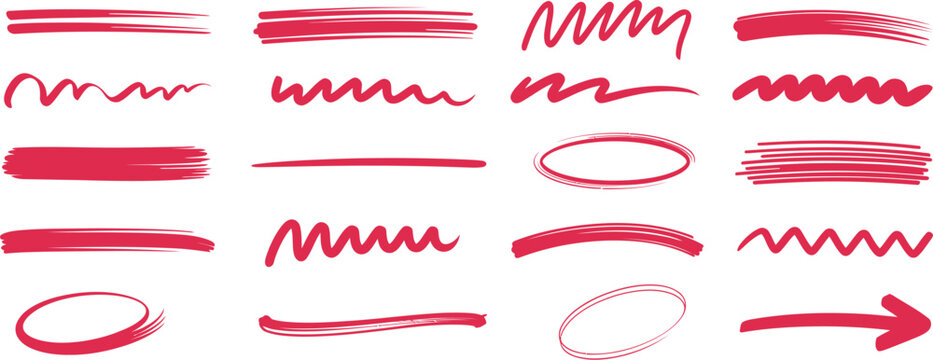 Hand drawn underline and scribble icons featuring doodle brush strokes, correction marks, highlighter swatches, and freehand marker textures.