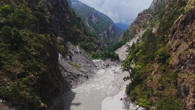 Aerial view rising along the Trishuli River in Langtang National Park, Nepal