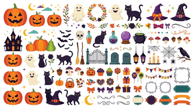 Halloween elements set, vector clipart collection, jack o lanterns, ghosts, black cats, witches, haunted house, spooky decor, party supplies, design assets for seasonal projects