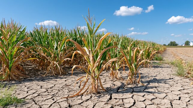 Droughtstricken corn stalks grow in cracked, parched earth under a sunny sky.