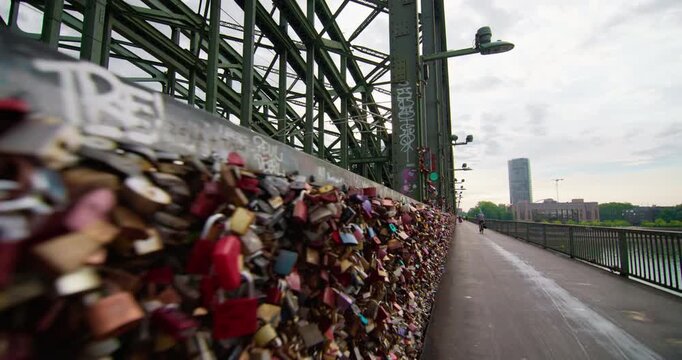 Historic Hohenzollern Bridge crossing the Rhine in Cologne with railway architecture trains and spectacular metropolitan scenery for European travel and tourism 