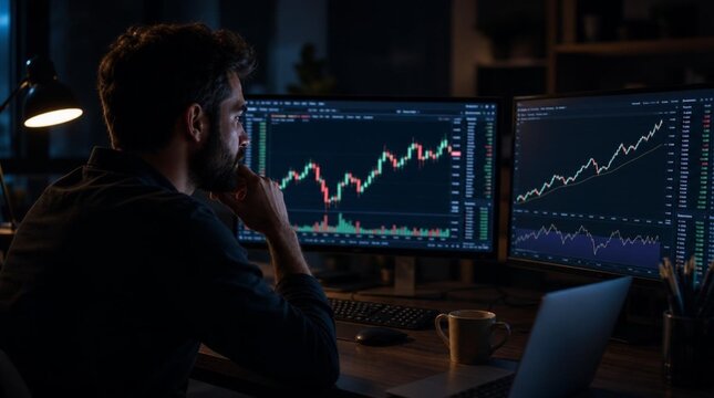 Focused bearded trader analyzing red and green candlestick stock charts on dual glowing monitors in dark room, contemplating market trends during nighttime trading session at dimly lit desk with