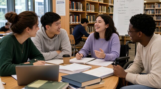 Diverse college students including a young woman in a wheelchair chatting and laughing together at a library study table