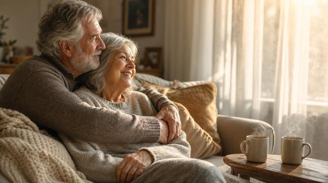 Elderly couple relaxing on sunlit living room sofa, silver haired husband hugging smiling gray haired wife, hot steaming coffee mugs on wooden table, cozy retirement lifestyle