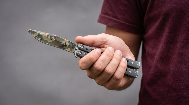 Person holding a butterfly knife with camouflage pattern blade.