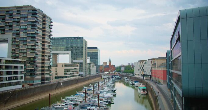 Modern architecture buildings Rhine Cologne cityscape showcases contemporary waterfront structures and urban tourist landmarks in Germany during European travel