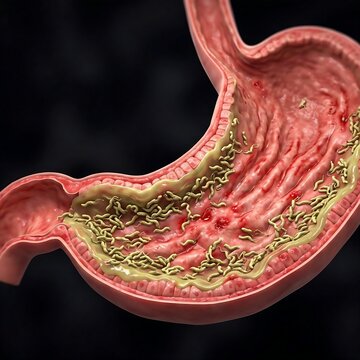 Stomach with Helicobacter Pylori Colonization: stomach lining with numerous small, spiral-shaped H. Pylori bacteria densely colonized on the surface mucosa, causing irritation