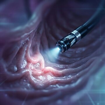 stomach undergoing an endoscopic procedure. A stylized endoscope tip is shown within the stomach lumen, with a small, focused light illuminating a specific area of interest , implying advanced visua