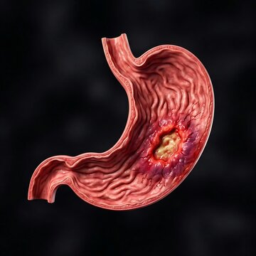 a human stomach with a clear, localized ulcer crater on the lesser curvature, surrounded by inflamed tissue. The stomach is depicted with realistic internal folds (rugae), vibrant red inflammation, an