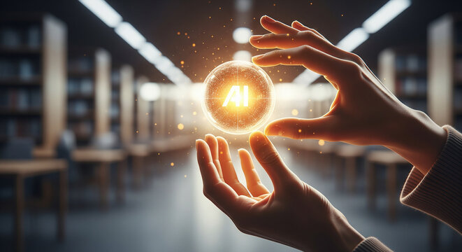 Artificial intelligence concept with human hands holding a glowing orb of light in a modern library or office