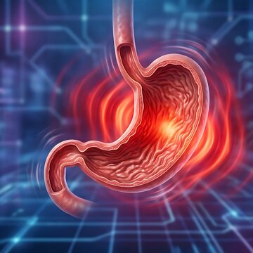 stomach experiencing severe functional dyspepsia. The stomach appears normal in structure but has subtle, pulsing red waves emanating from its core, symbolizing internal discomfort, bloating, and pain