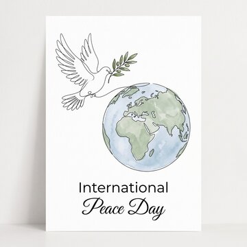 International Peace Day Poster with Watercolor Globe and One Line Drawing of a Flying Dove Carrying an Olive Branch