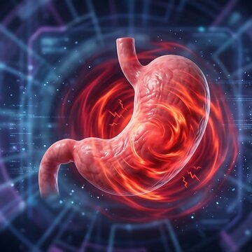stomach experiencing severe functional dyspepsia. The stomach appears normal in structure but has subtle, pulsing red waves emanating from its core, symbolizing internal discomfort, bloating, and pain