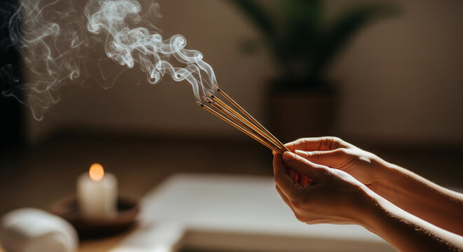 Hands holding burning incense sticks with swirling white smoke for meditation