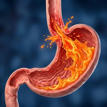 stomach experiencing severe acid reflux (GERD), with an esophagus segment connected. The stomach's interior shows irritation and redness, and stylized, fiery orange "acid" is visibly splashing back up