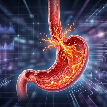 stomach experiencing severe acid reflux (GERD), with an esophagus segment connected. The stomach's interior shows irritation and redness, and stylized, fiery orange "acid" is visibly splashing back up