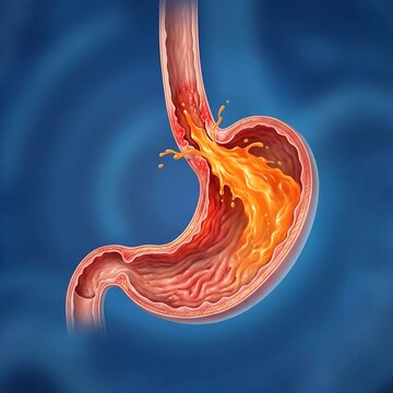 stomach experiencing severe acid reflux (GERD), with an esophagus segment connected. The stomach's interior shows irritation and redness, and stylized, fiery orange "acid" is visibly splashing back up
