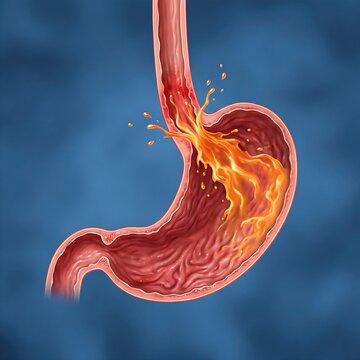 stomach experiencing severe acid reflux (GERD), with an esophagus segment connected. The stomach's interior shows irritation and redness, and stylized, fiery orange "acid" is visibly splashing back up