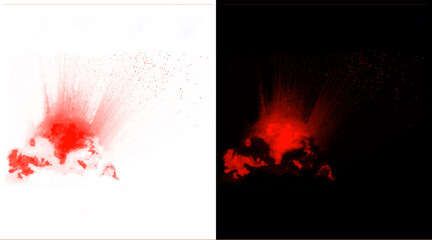 Red explosion effect on white and black backgrounds, dynamic fire blast illustration, glowing energy burst for design overlays © MstNadira