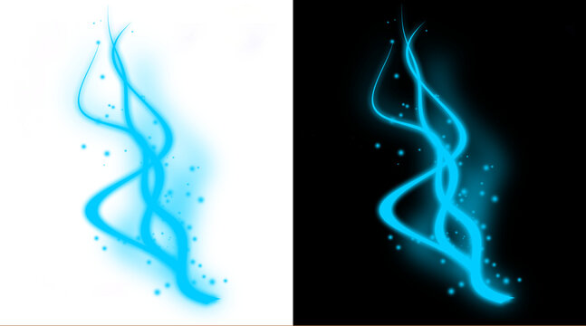 Glowing blue energy trail with magic sparkles, ethereal neon light wisps on black and white backgrounds, mystical smoke effect for fantasy design