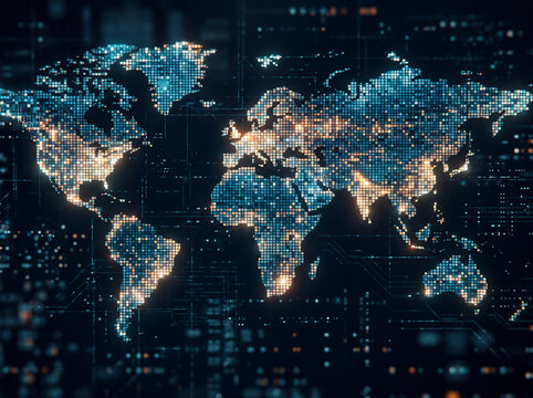 Abstract digital world map with glowing pixels and data network connection lines
