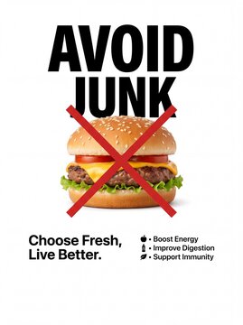Healthy Lifestyle Poster Design with Avoid Junk Food Message and Cheeseburger Icon