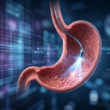 stomach undergoing an endoscopic procedure. A stylized endoscope tip is shown within the stomach lumen, with a small, focused light illuminating a specific area of interest , implying advanced visua