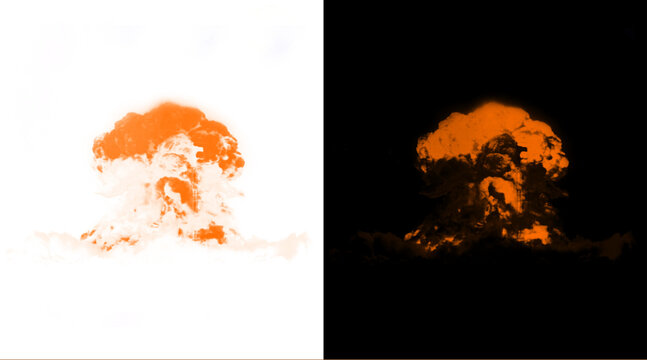 Nuclear explosion mushroom cloud illustration, orange atomic blast silhouette on white and black background, fiery bomb detonation effect