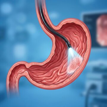 stomach undergoing an endoscopic procedure. A stylized endoscope tip is shown within the stomach lumen, with a small, focused light illuminating a specific area of interest , implying advanced visua