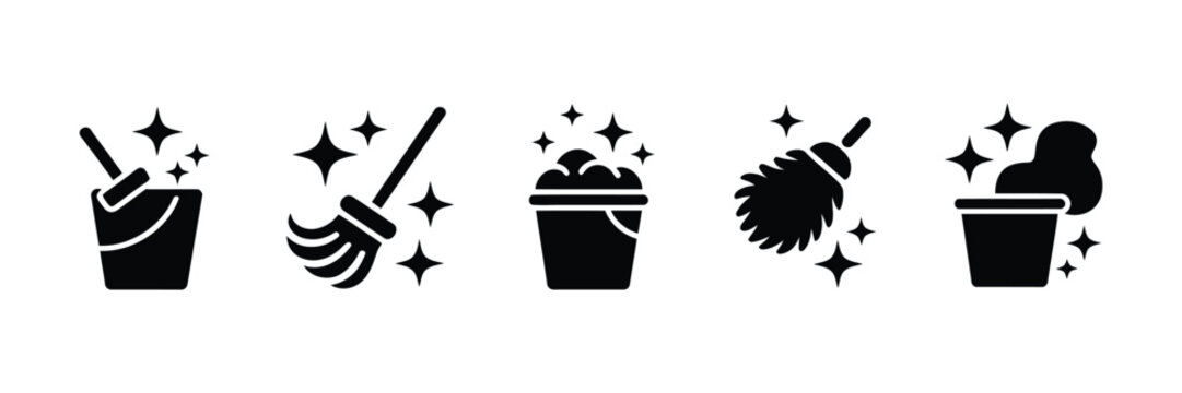 floor mop icon set with bucket for cleaning service housekeeping and home care