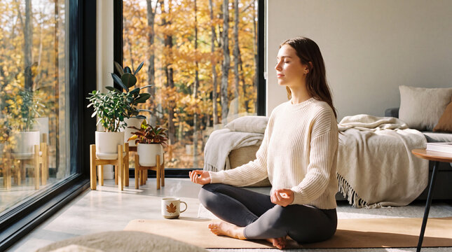 Serene Autumn Meditation: A young woman in comfortable activewear meditates peacefully on a yoga mat indoors, with a stunning view of autumn foliage through a large window, embracing tranquility.