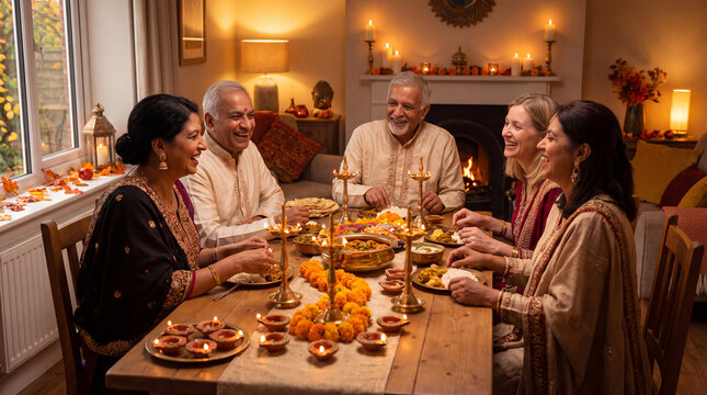 Diwali Family Feast: A multigenerational Indian family shares a joyous Diwali dinner, illuminated by the warm glow of diyas and surrounded by festive decorations, embodying warmth, togetherness.
