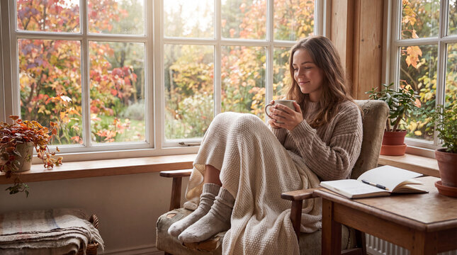 Cozy Autumn Reflection: A woman enjoys a warm cup of tea while reading a book by a window overlooking a vibrant autumn landscape, embodying a moment of peaceful solitude and comfort.