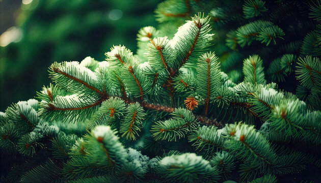 Pine Tree Needles in Snow: Close-up of vibrant green pine tree needles dusted with pristine white snow, capturing the serene beauty of a winter forest.