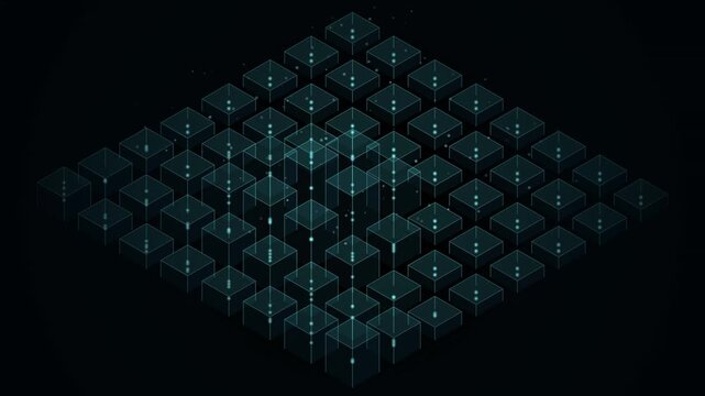 Abstract data visualization showing digital cubes moving on black background for fintech.