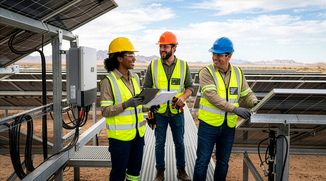 Solar Power Professionals: A diverse team of engineers in hard hats and safety vests collaborate at a solar farm, examining equipment under a bright sky, symbolizing renewable energy progress.